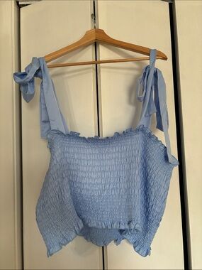 NWT Lovefool Smocked Tie-Strap Crop Top - Light Blue